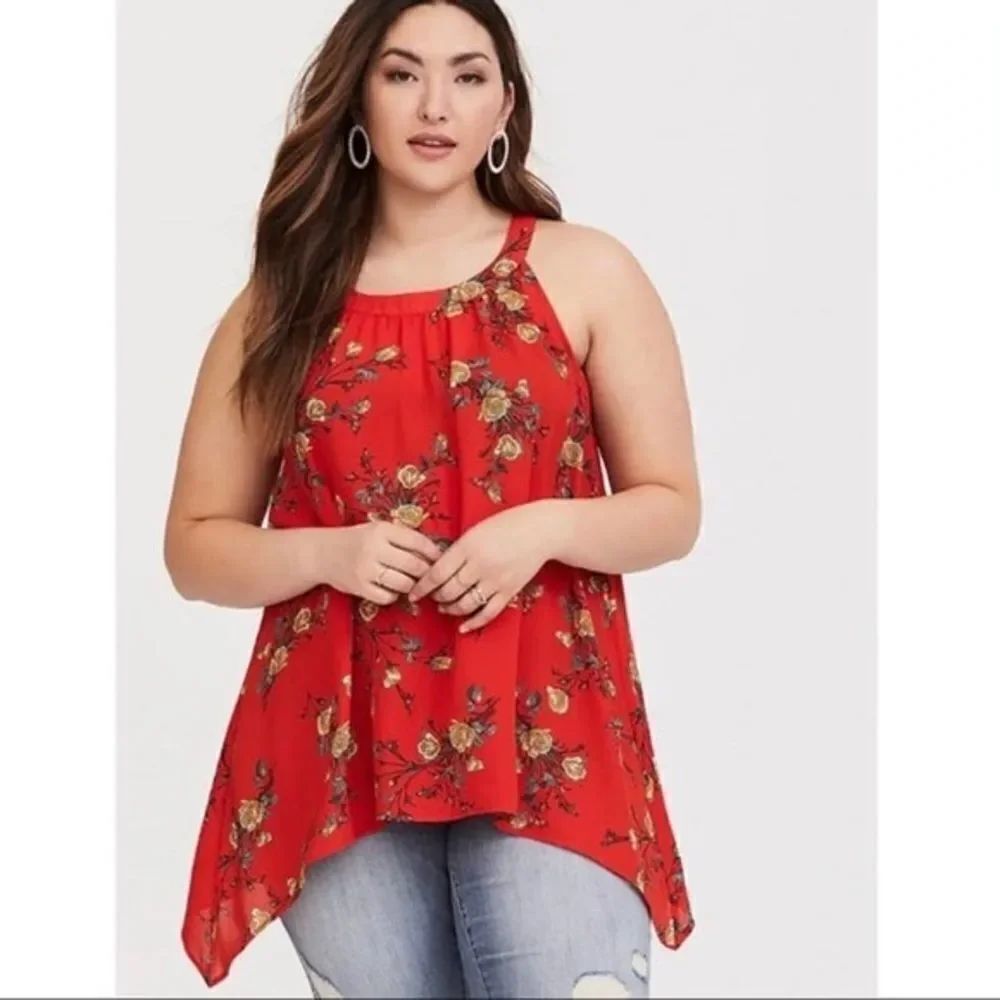NEW Torrid Size 1X Orange Floral Sharkbite Hem Georgette Tank Top Blouse
